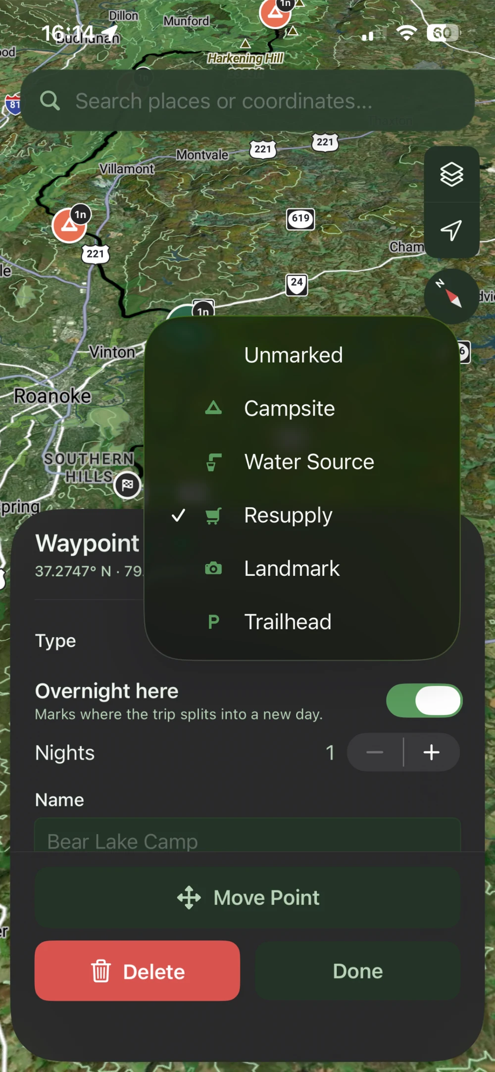 Waypoint type selector with campsite, water source, resupply, landmark, and trailhead options, plus overnight-stop and move-point controls.
